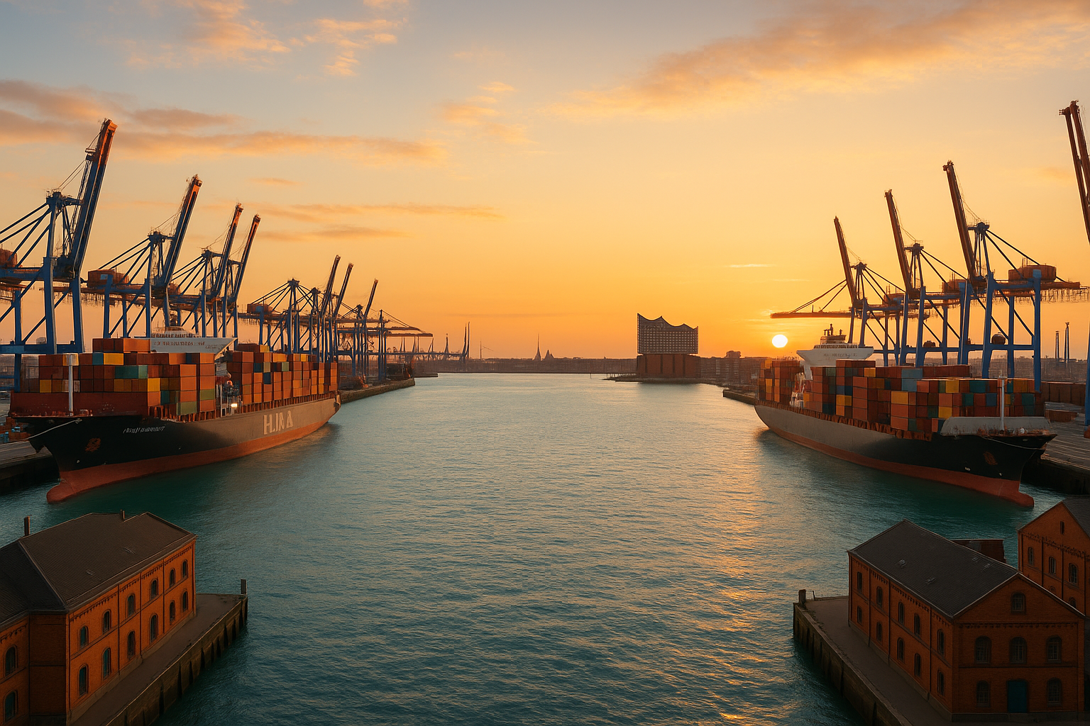 Hamburger Hafen mit Hafenanlagen links und rechts