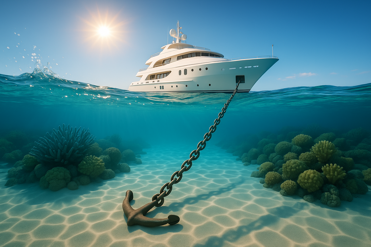 Underwater ocean scene with luxury yacht and anchor