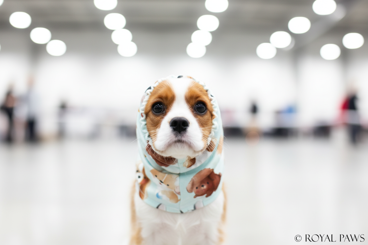 Cavalier Blenheim Ohren versteckt im Snood, Show-Hintergrund