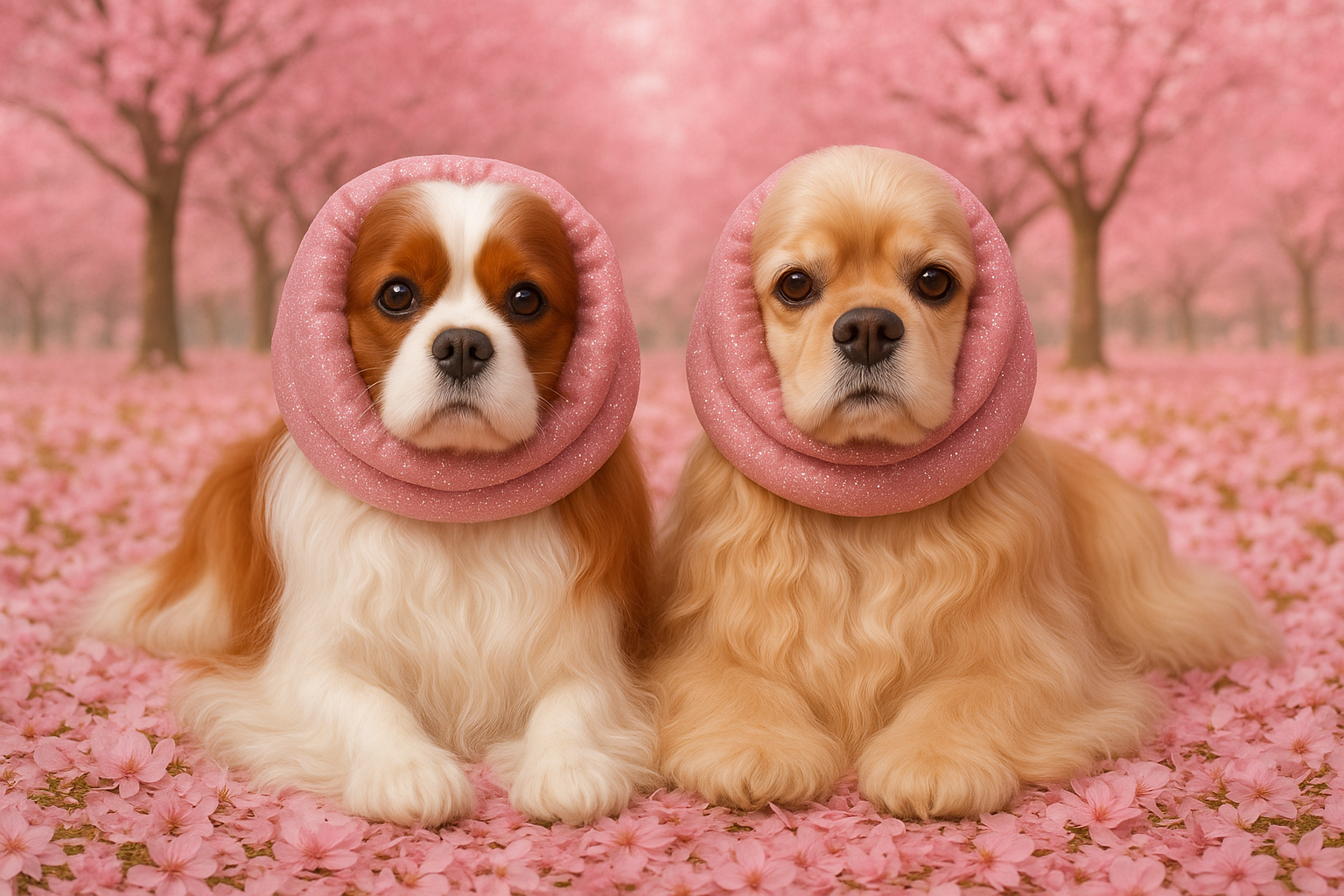 Ein Cavalier King Charles Spaniel in Blenheim-Färbung und ein American Cocker Spaniel in goldener Farbe mit üppigem Fell liegen in einem rosa Kirschblütenmeer, tragen glitzernde rosa Satin-Snoods, die rundum den Kopf gehen (außer am Oberkopf) und die Ohren vollständig im Inneren verbergen, im Hintergrund sind thailändische Sakura-Bäume zu sehen